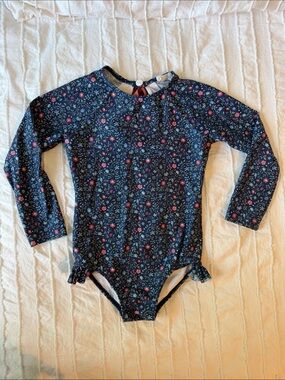 Long-Sleeve Navy Floral Kids One-Piece Swimsuit
